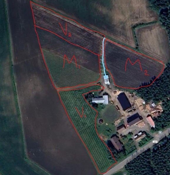 Pilottitilan vadelma (V) ja mansikkalohkot (M) Lähde: GoogleMaps