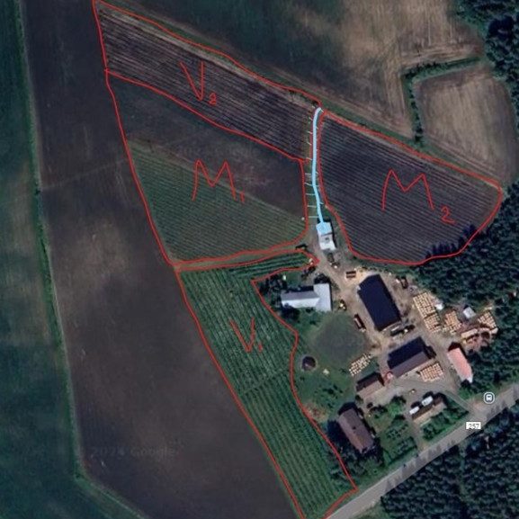 Kullaantien pohjoispuolen vadelma (V) ja mansikkalohkot (M) tarkemmin sekä tien eteläpuolen mustikkalohko (kuva b/Mu). Lähde: GoogleMaps ja vierailukäynti 13.5.2024.