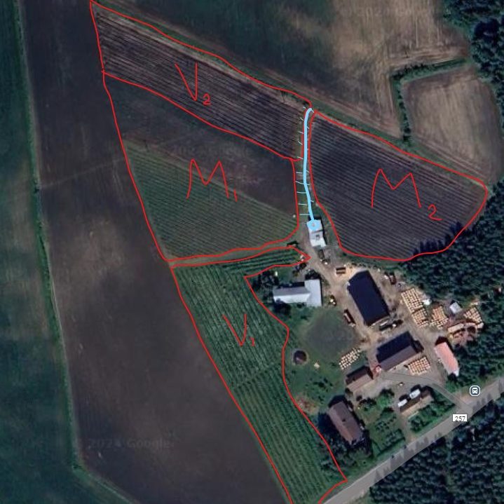 Satelliittikuva tilasta lisätyillä merkinnöillä. Google.